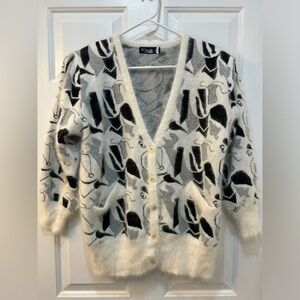 Vintage Angora Abstract Cardigan Sweater Size L Pearl Toned Buttons 80's 90's